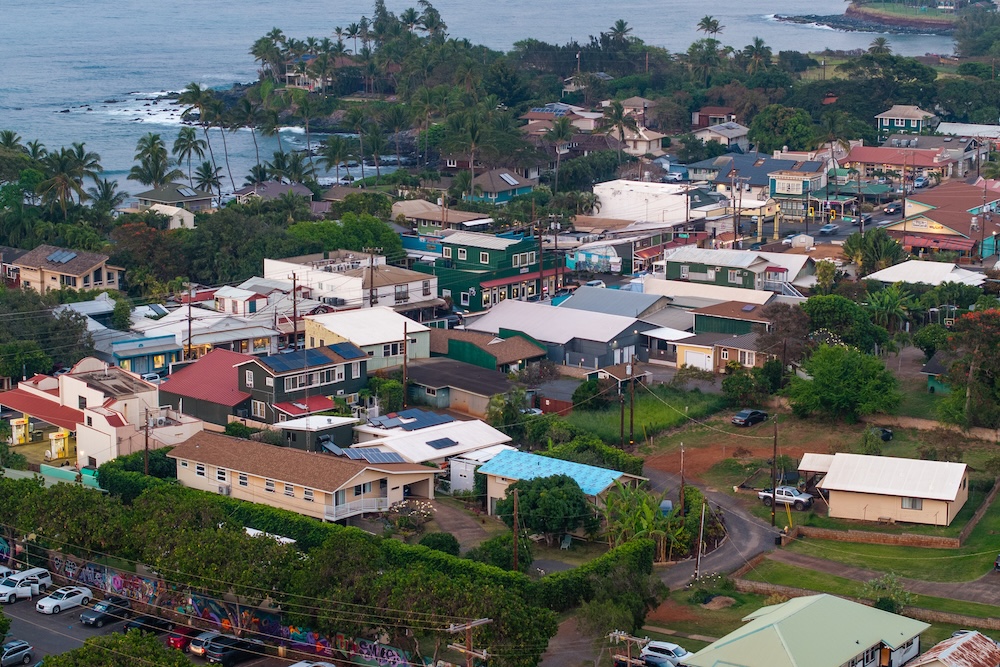 Aerial photo of Downtown Paia shops on Maui