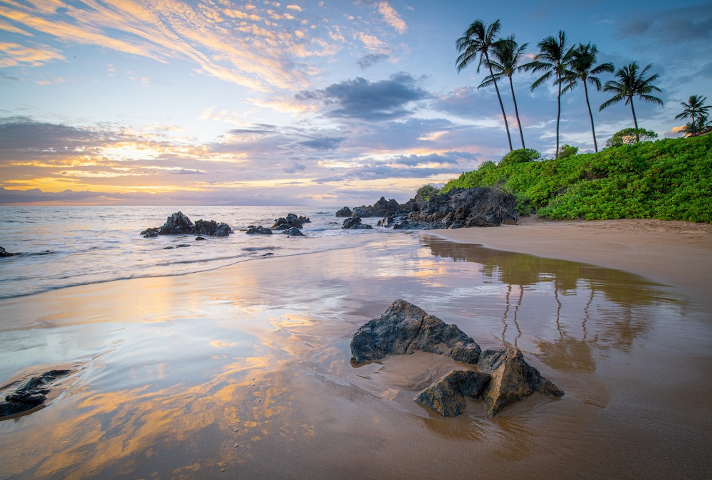 Rocky beach with ocean view at sunset